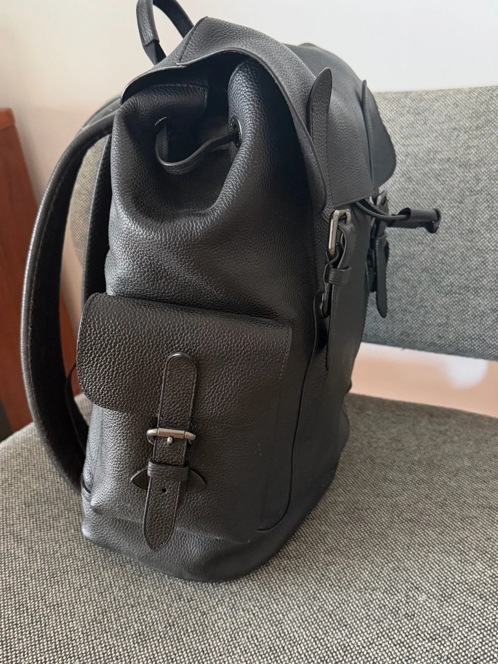 Coach Men's Black Pebbled Leather Drawstring Backpack